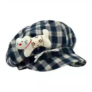 恩僾德 宅系小猫蝴蝶结格纹八角帽可爱显脸小高颜值甜美百搭帽子潮#好运 涤纶 贝雷帽 男女同款情侣款