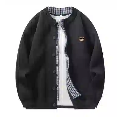 永言 美式高级感小熊刺绣衣服开衫男春秋季潮牌宽松简约慵懒风棒球领外套针织衫 男女同款