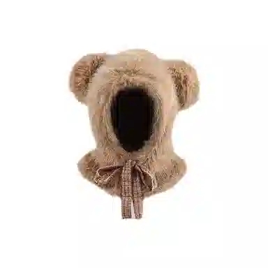 恩僾德 可爱毛绒绒小熊护耳百搭骑车加厚加绒 聚酯纤维 斗篷帽 男女同款情侣款