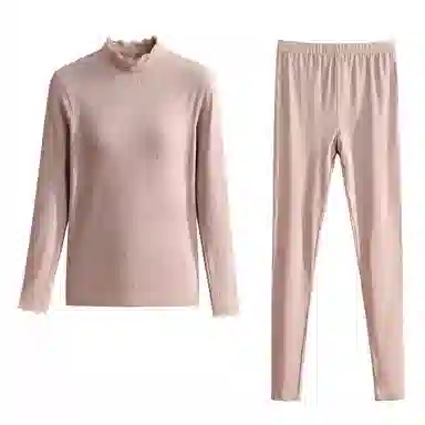 兰缪 腈纶发热纱中领内衣女生修身秋衣秋裤柔软舒适云朵般触感无痕轻薄收腰塑性蕾丝圆领居家服时尚优雅保暖套装 女款