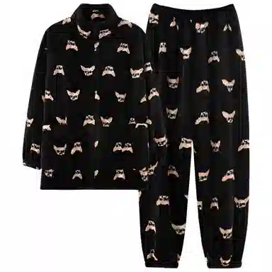 莫代尔 秋冬季珊瑚绒加绒加厚保暖法兰绒休闲拉链款家居服可外穿舒适睡衣套装 男款