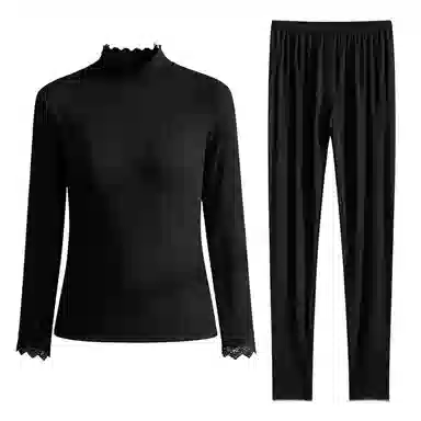 兰缪 腈纶发热纱中领内衣女生修身秋衣秋裤柔软舒适云朵般触感无痕轻薄收腰塑性蕾丝圆领居家服时尚优雅保暖套装 女款