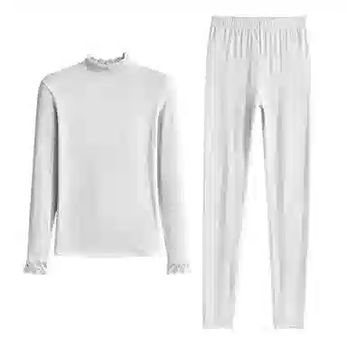 兰缪 腈纶发热纱中领内衣女生修身秋衣秋裤柔软舒适云朵般触感无痕轻薄收腰塑性蕾丝圆领居家服时尚优雅保暖套装 女款