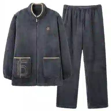 莫代尔 男士秋冬季冬款男生加厚加绒保暖珊瑚绒拉链可外穿家居服柔软睡衣套装 男款