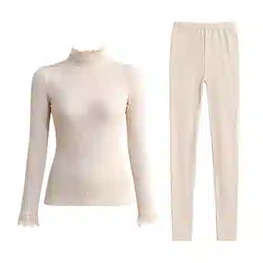 兰缪 腈纶发热纱中领内衣女生修身秋衣秋裤柔软舒适云朵般触感无痕轻薄收腰塑性蕾丝圆领居家服时尚优雅保暖套装 女款