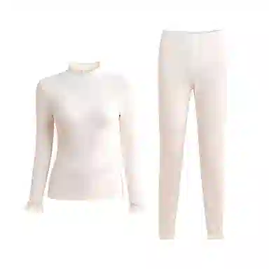 兰缪 腈纶发热纱中领内衣女生修身秋衣秋裤柔软舒适云朵般触感无痕轻薄收腰塑性蕾丝圆领居家服时尚优雅保暖套装 女款