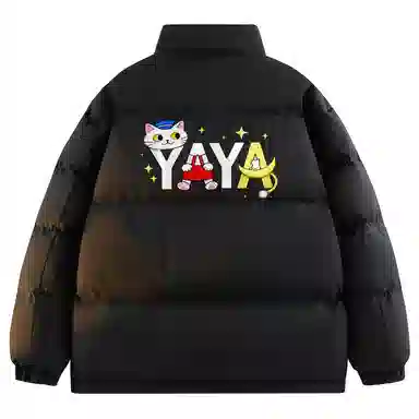 鸭鸭 高蓬松系列 美式高街学院风高级百搭猫猫头图案云朵泡芙防风保暖抗寒聚热锁温防钻绒舒适宽松面包服立领羽绒服 男女同款