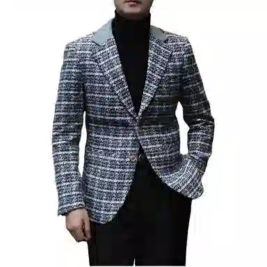 大格子与黑猫 英伦时髦秋冬厚款拼接小香风羊毛混纺保暖复古休闲修身外套西装 男款