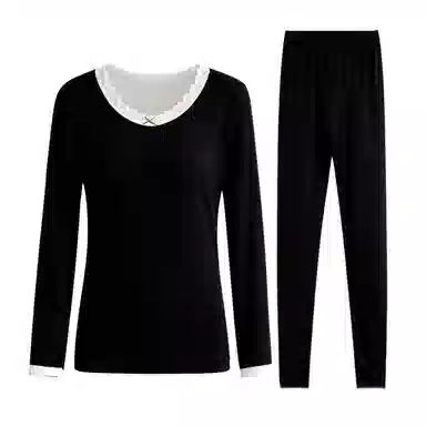 兰缪 桑蚕丝发热绵羊毛蕾丝圆领内衣轻薄修身显瘦高弹服帖亲肤柔软秋衣秋裤保暖套装 女款