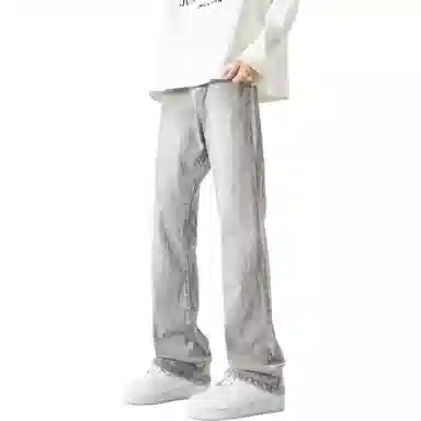 八哥 美式复古高街【弯刀黑牛】简约基础款水洗做旧中腰系带修身纯色直筒阔腿百搭弹力黄泥染薄款微喇牛仔裤 男女同款