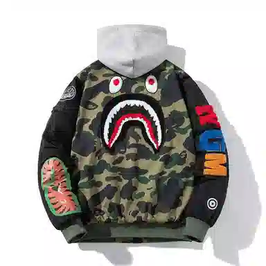 沐诚阳译 秋冬季潮牌加厚飞行员棉服男情侣毛巾刺绣棉衣棒球服鲨鱼外套夹克 男款