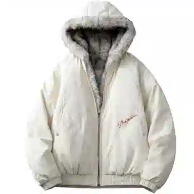 稻草人 美式高街品牌艺术英文字母印花座山雕毛领仿狐狸毛休闲宽松纯色加厚短款夹克高级感连帽保暖舒适百搭长袖飞行外套棉服 男女同款