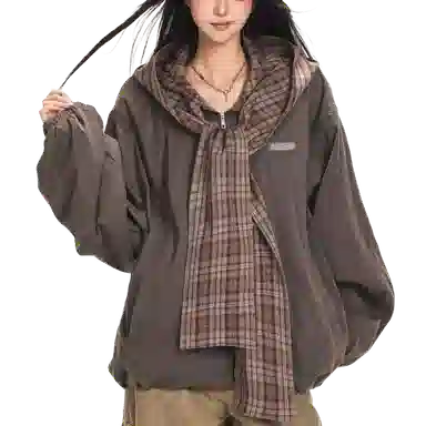 一碗士多  格子拼接围巾披肩撞色小众个性化高级感设计无性别主义宽松休闲舒适百搭情侣日常城市户外通勤学院风棒球服 男女同款