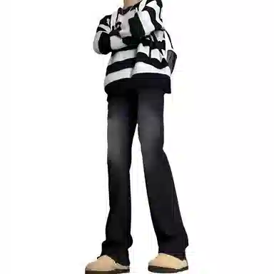 八哥 美式复古高街【弯刀黑牛】简约基础款水洗做旧中腰系带修身纯色直筒阔腿百搭弹力黄泥染薄款微喇牛仔裤 男女同款