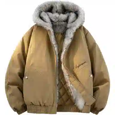 稻草人 美式高街品牌艺术英文字母印花座山雕毛领仿狐狸毛休闲宽松纯色加厚短款夹克高级感连帽保暖舒适百搭长袖飞行外套棉服 男女同款