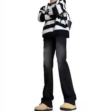 八哥 美式复古高街【弯刀黑牛】简约基础款水洗做旧中腰系带修身纯色直筒阔腿百搭弹力黄泥染薄款微喇牛仔裤 男女同款