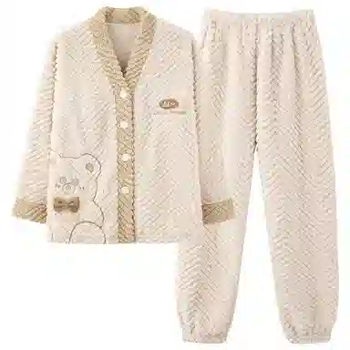 莫代尔 秋冬季珊瑚绒加绒加厚法兰绒秋冬款女士纹理感家居服冬天舒适睡衣套装 女款