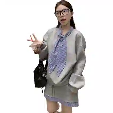 桴生 休闲风时尚简约格子系带拼接卫衣抽绳高腰包臀半身短裙两件套裙装套装 女款