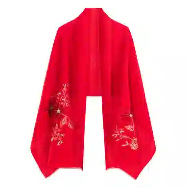 一米画纱 中式古典国风花卉贴花结婚喜宴亲肤防风保暖披风优雅精致外搭 绵羊毛 披肩 女款