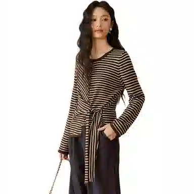 谜秀 条纹绑带设计感针织衫 女款