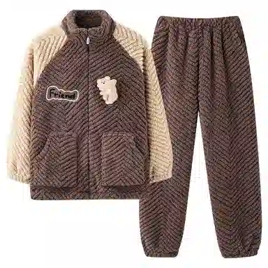 莫代尔 珊瑚绒冬季加绒加厚两件套秋冬拉链法兰绒家居服女士保暖睡衣套装 女款