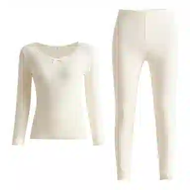 兰缪 百搭恒温蕾丝圆领内衣轻薄不臃肿高弹服帖柔软舒适全身抗静电秋衣秋裤时尚透气保暖套装 女款