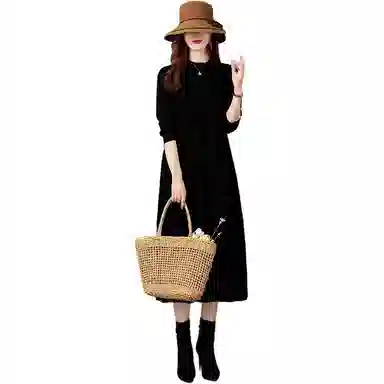 袋鼠 蕾丝拼接针织打底时尚长裙长袖连衣裙 女款