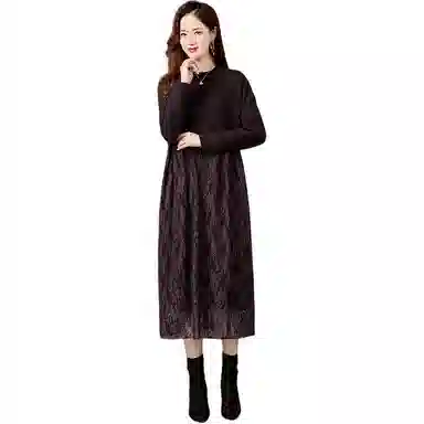 袋鼠 蕾丝拼接针织打底时尚长裙长袖连衣裙 女款