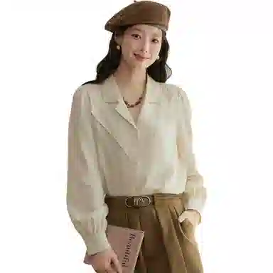 谜秀 杏色复古上衣长袖衬衫 女款