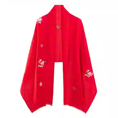 一米画纱 中式古典国风花卉贴花结婚喜宴亲肤防风保暖披风优雅精致外搭 绵羊毛 披肩 女款