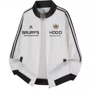 【Contrast学院风】蓝精灵 美式潮流教练服勋章字母印花撞色三条杠秋冬季立领拉链休闲拼接嘻哈设计感插肩袖开衫防风外套卫衣 男女同款