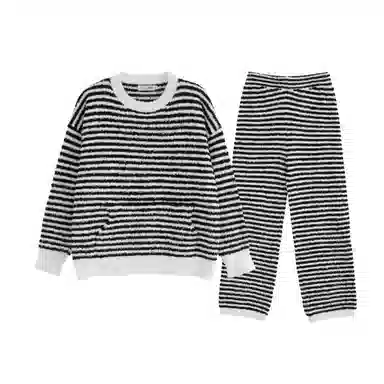 米囹 圆领条纹半边绒女秋冬季软糯糯毛绒针织大码家居服睡衣套装 女款