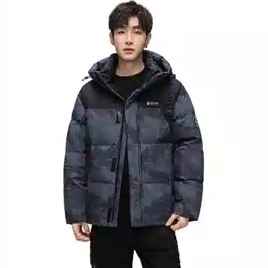 鸭鸭 青年时尚韩版潮流短款连帽户外运动休闲百搭防寒保暖迷彩面包羽绒服 男女同款