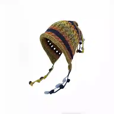 【复古风五彩色球球】 无限兔 韩版手工毛球流苏手工针织帽时尚百搭护耳秋冬大头围保暖包头帽系带套头冷帽 腈纶 绒线帽 男女同款情侣款