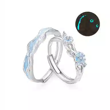 【夜光999足银丨原创】 珍·尚银 中国黄金 浪漫花开发光素圈对戒 甜蜜挚爱告白 可调节 钟爱久久 小众轻奢礼盒 纯银 戒指 男女同款情侣款