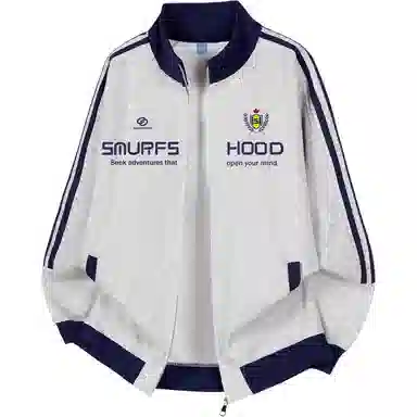 【Contrast学院风】蓝精灵 美式潮流教练服勋章字母印花撞色三条杠秋冬季立领拉链休闲拼接嘻哈设计感插肩袖开衫防风外套卫衣 男女同款