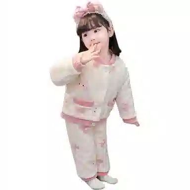 米囹家居服套装 女童珊瑚绒儿童睡衣秋冬季宝宝三层夹棉加厚小童休闲洋气女蝴蝶结小孩喜欢衣服