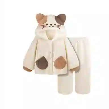 米囹 可爱小猫咪连帽珊瑚绒女冬季加绒加厚保暖冬天家居服睡衣套装 女款