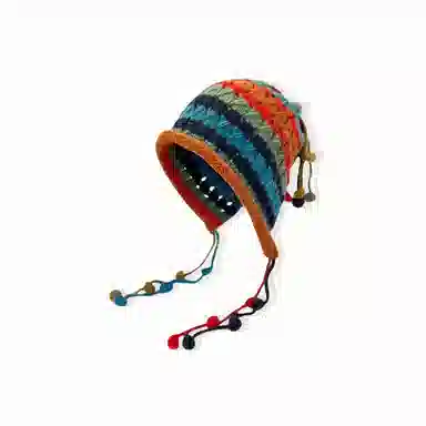 【复古风五彩色球球】 无限兔 韩版手工毛球流苏手工针织帽时尚百搭护耳秋冬大头围保暖包头帽系带套头冷帽 腈纶 绒线帽 男女同款情侣款