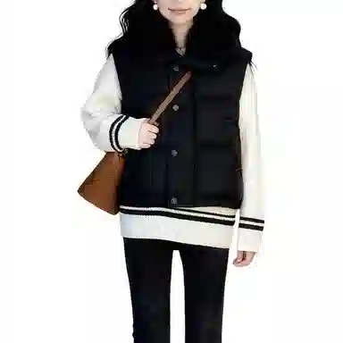 丝絮丝绸 秋冬季时尚宽松舒适白富美奢華贵妇级大毛领坎肩马甲外套棉服 女款