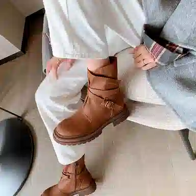 复古帅气百搭加绒交叉带 短靴 女款