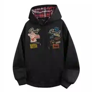 阿凡迪 美式高街趣味涂鸦仿贴布卡通印花设计字母品牌上衣潮流时尚经典百搭休闲宽松舒适个性学生情侣通勤户外落肩连帽格子卫衣 男女同款