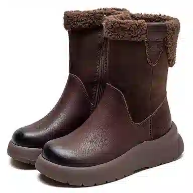 头层牛皮 保暖耐磨增高防滑 复古纯色加绒加厚休闲 中筒 雪地靴 女款