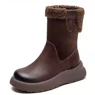 头层牛皮 保暖耐磨增高防滑 复古纯色加绒加厚休闲 中筒 雪地靴 女款