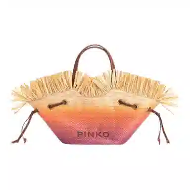 PINKO Pagoda Logo Woven Tote Small Beige