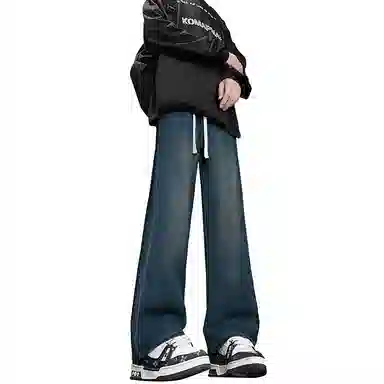 【巴黎柳叶弯刀裤】布客行 美式复古水洗直筒基础款高街舒适亲肤透气休闲百搭微喇纯色长裤显高显瘦显腿长弹力抽绳松紧腰牛仔裤 男女同款