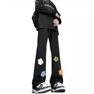 【3D立体线绒刺绣】布客行 美式高街微喇修身显高显腿长潮牌花卉休闲百搭长裤子复古水洗做旧文艺风通勤弯刀弹力牛仔裤 男女同款