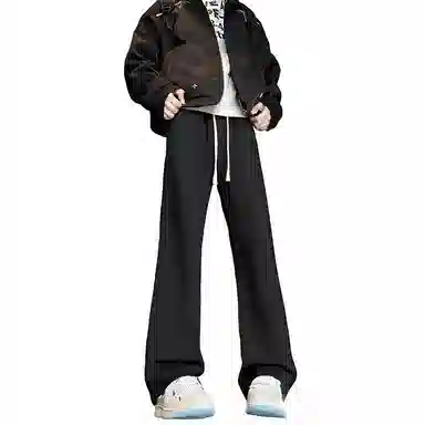 【巴黎柳叶弯刀裤】布客行 美式复古水洗直筒基础款高街舒适亲肤透气休闲百搭微喇纯色长裤显高显瘦显腿长弹力抽绳松紧腰牛仔裤 男女同款