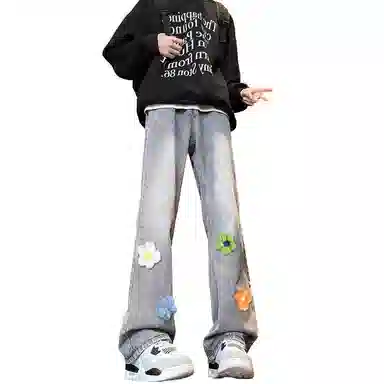 【3D立体线绒刺绣】布客行 美式高街微喇修身显高显腿长潮牌花卉休闲百搭长裤子复古水洗做旧文艺风通勤弯刀弹力牛仔裤 男女同款