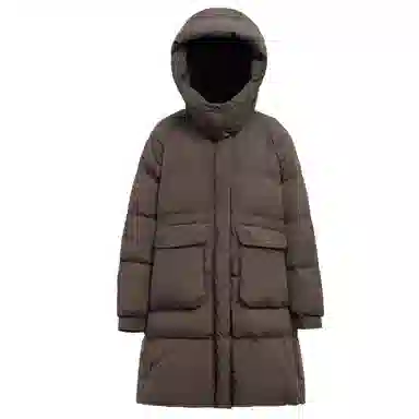 鸭鸭 时尚纯色口袋连帽中长款羽绒服 女款